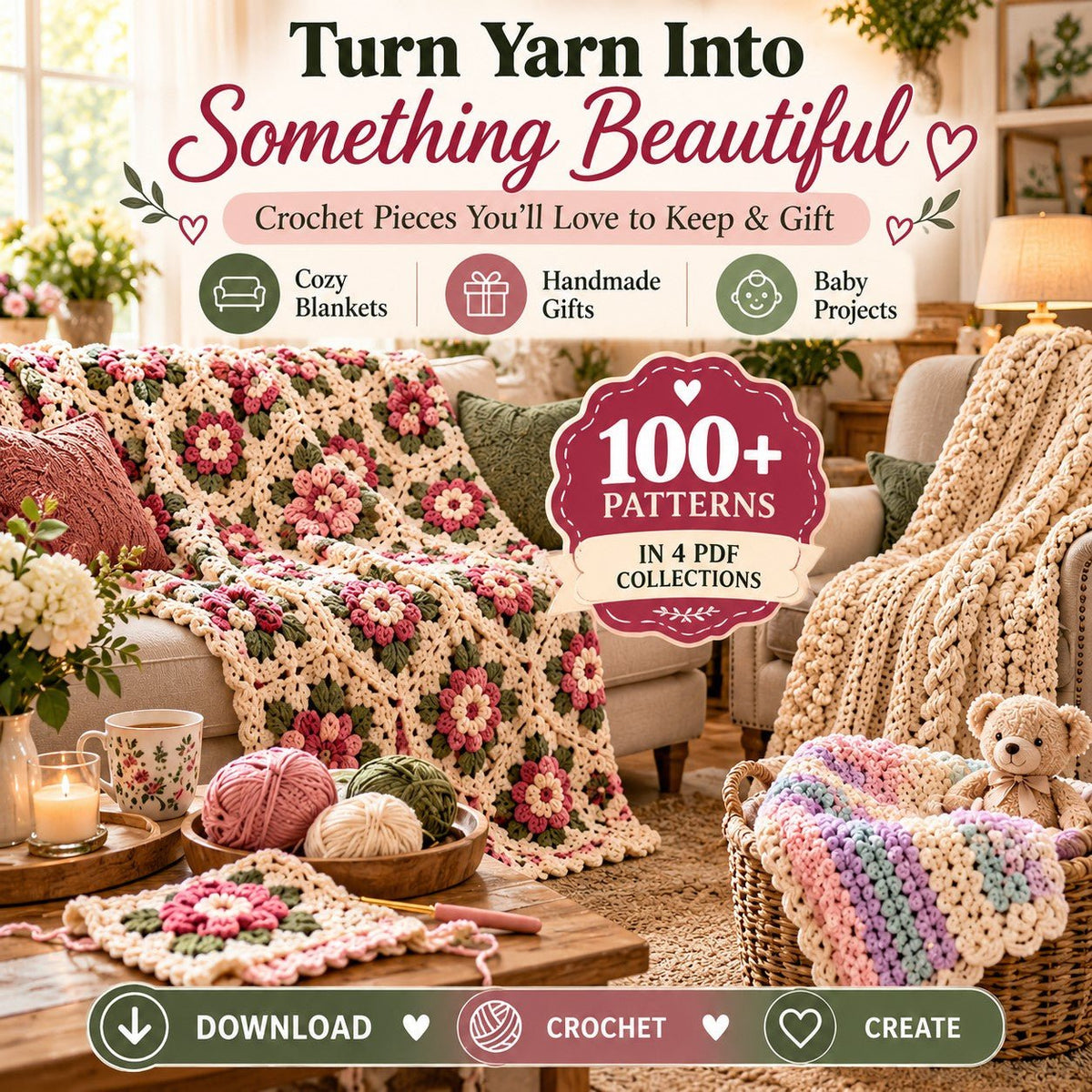 Crochet blanket PDF patterns - granny square floral ripple and cable designs