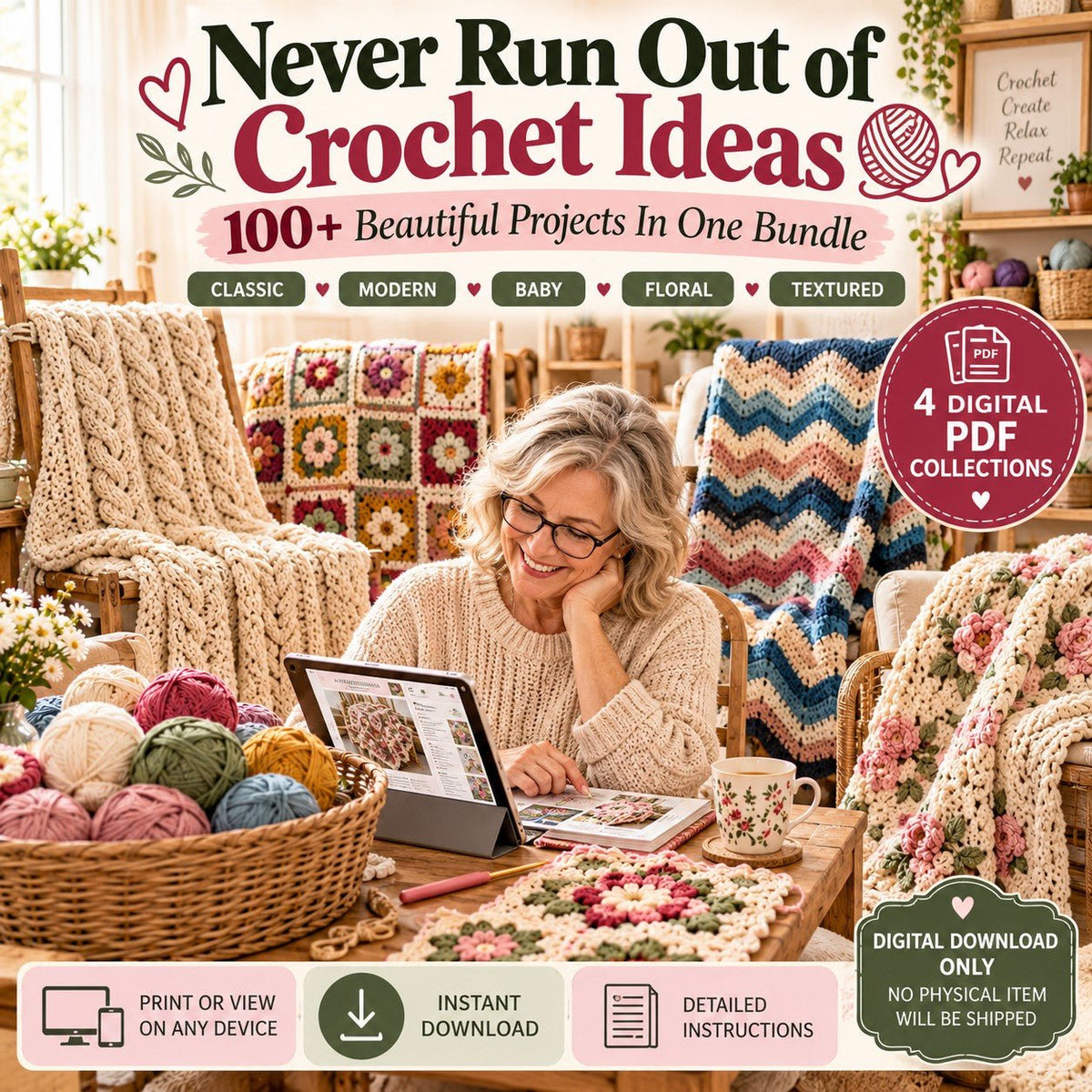100+ crochet blankets and baby blanket patterns digital bundle