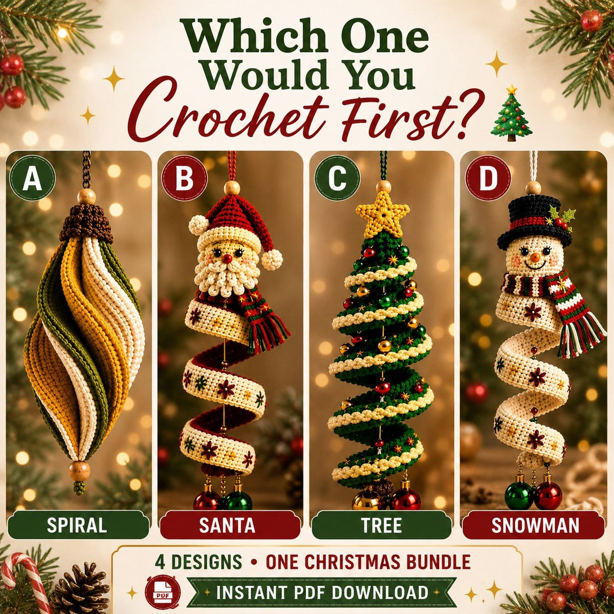 Crochet Christmas spiral Santa snowman tree ornament patterns