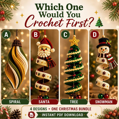 Crochet Christmas spiral Santa snowman tree ornament patterns