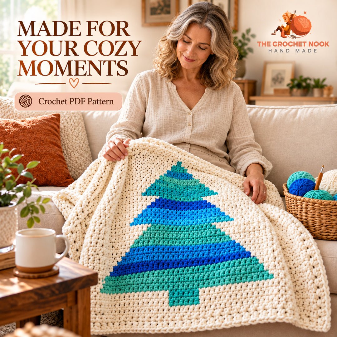 Winter Pines Tree Blanket — woman with the completed crochet design.