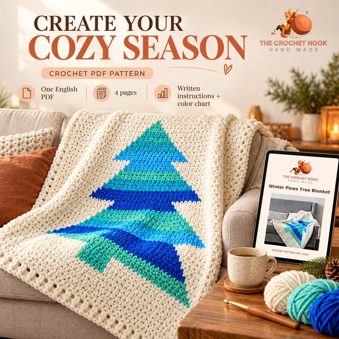 Winter Pines Tree Blanket — project and actual PDF pattern preview.